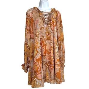 House of Harlow 1960 Chiffon Paisley Long Sleeve Dress in Orange